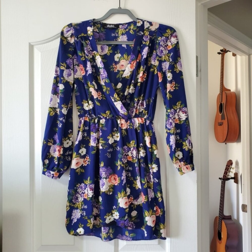 Lulus Honey Punch Floral Blue Faux Wrap Cottagecore Feminine Longsleeve Dress S - Picture 6 of 10